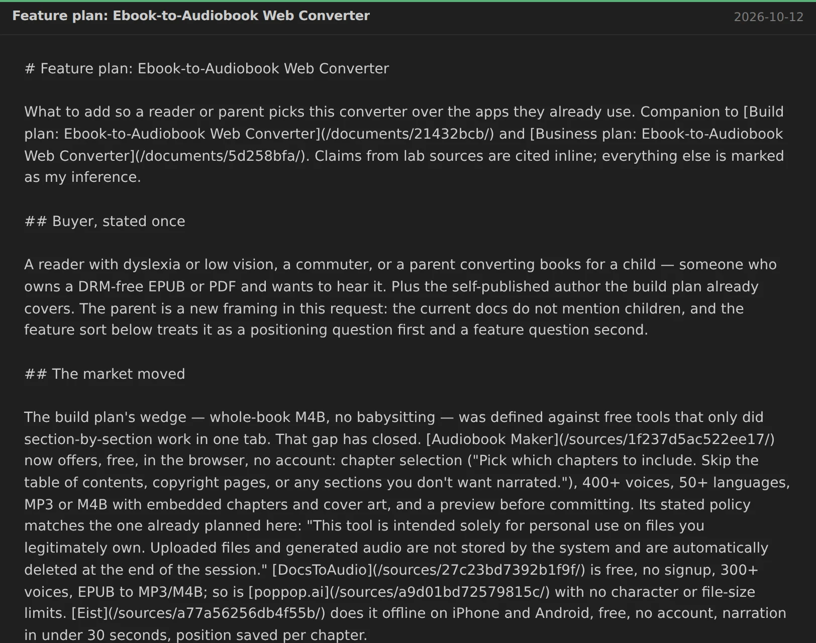 A feature plan in a project: each competitor it names links to the source page it was read from.